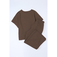Brown Textured Loose Fit T Shirt and Drawstring Pants Set - L thumbnail