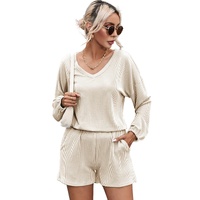 Beige Corded V Neck Slouchy Top Pocketed Shorts Set - L thumbnail