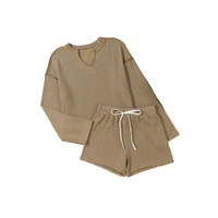Khaki Exposed Seam Textured Long Sleeve Top Shorts Set - S thumbnail