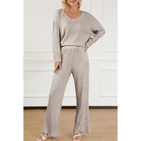 Khaki Ribbed Knit V Neck Slouchy Two-piece Outfit - S thumbnail