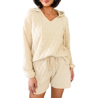 Beige Quilted V Neck Hoodie Drawstring Shorts Set - L thumbnail