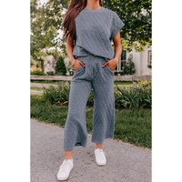 Real Teal Quilted Short Sleeve Wide Leg Pants Set - M thumbnail
