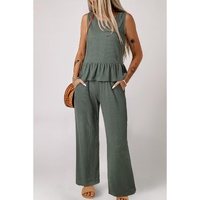 Duffel Green Solid Color Ribbed Ruffle Tank Top and Pants Set - L thumbnail