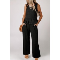 Black Solid Color Ribbed Ruffle Tank Top and Pants Set - S thumbnail