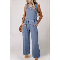 Beau Blue Solid Color Ribbed Ruffle Tank Top and Pants Set - M thumbnail
