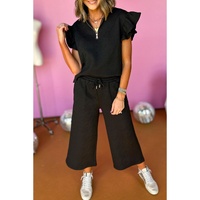 Black Textured Flutter Sleeve Top Wide Leg Pants Set - L thumbnail