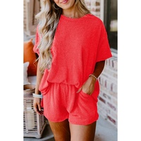 Orange Ribbed Textured Knit Loose Fit Tee and Shorts Set - M thumbnail