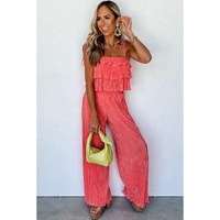 Pale Chestnut Ruffle Tiered Cami Pleated Wide Leg Pants Set - L thumbnail