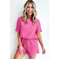 Rose Red Casual Textured Tee and Drawstring Shorts Set - L thumbnail