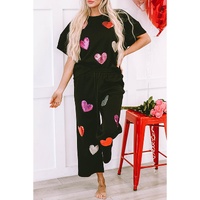 Black Sequin Heart Popping Graphic Textured 2pcs Outfit - L thumbnail