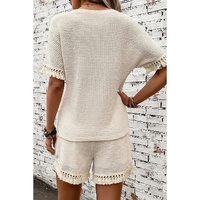 Beige Fringe Trim Textured Short Two Piece Set - XL thumbnail