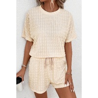 Beige Frill Textured Short Sleeve Top and Drawstring Shorts Set - M thumbnail