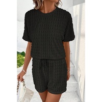 Black Frill Textured Short Sleeve Top and Drawstring Shorts Set - L thumbnail