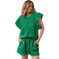 Bright Green Textured Ruffled Sleeve Tee and Drawstring Shorts Set - XL thumbnail