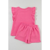 Bonbon Textured Ruffled Sleeve Tee and Drawstring Shorts Set - M thumbnail