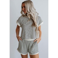White Stripe Contrast Edge Tee and Shorts Set - L thumbnail