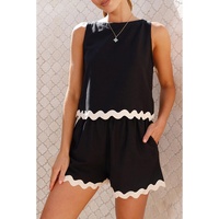 Black Ricrac Trim Tank Top Elastic Waist Shorts Set - S thumbnail