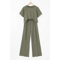 Seagrass Raw Hem Loose Tee and Wide Leg Pants Set - L thumbnail