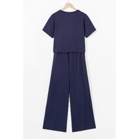 Navy Blue Raw Hem Loose Tee and Wide Leg Pants Set - M thumbnail