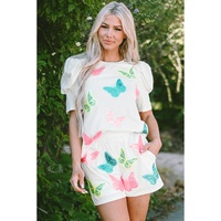 White Colorful Sequin Butterfly Puff Sleeve Top Shorts Set - S thumbnail