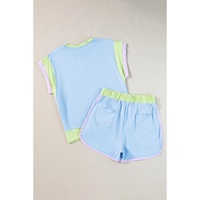 Blue Contrast Trim Cap Sleeve Tee Shorts Set - 2XL thumbnail