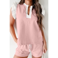 Light Pink Contrast Trim Ruffled Top and Drawstring Shorts Set - L thumbnail