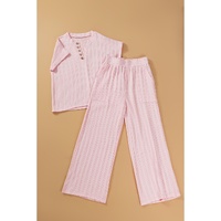 Light Pink Textured Short Sleeve Henley Top and Pocketed Wide Leg Pants - S thumbnail