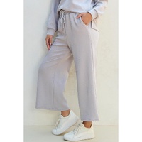 Light Grey Solid Textured Collared V Neck Top and Wide Leg Pants Set - S thumbnail