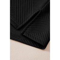 Black Solid Textured Collared V Neck Top and Wide Leg Pants Set - M thumbnail