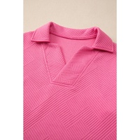 Bonbon Solid Textured Collared V Neck Top and Wide Leg Pants Set - L thumbnail