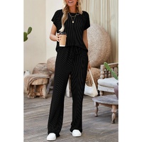 Black Solid Color Corded Short Sleeve Top and Casual Pants Set - XL thumbnail