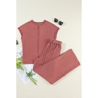 Mineral Red Solid Color Corded Short Sleeve Top and Casual Pants Set - L thumbnail