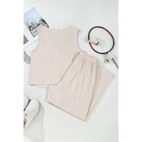 Apricot Buttoned V Neck Tank Top and Wide Leg Pants Casual Outfit - L thumbnail