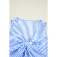 Sky Blue Stripe V Neck Bowknot Crop Tank and Shorts Set - XL thumbnail