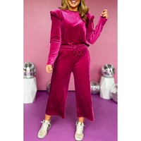 Rose Red Solid Velvet Ruffled Two Piece Pants Set - XL thumbnail