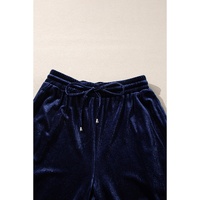 Navy Blue Solid Velvet Ruffled Two Piece Pants Set - S thumbnail