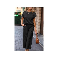 Black Solid Color Textured Short Sleeve Top and Casual Pants Set - M thumbnail