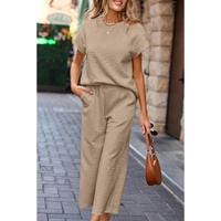 Parchment Solid Color Textured Short Sleeve Top and Casual Pants Set - M thumbnail