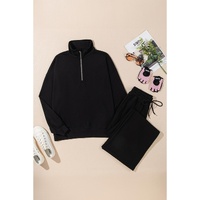 Black Zipper Stand Neck Top and Wide Leg Pants Set - XL thumbnail
