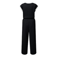 Black Cable Knit Contrast Trim Short Sleeve Top and Pants Set - L thumbnail
