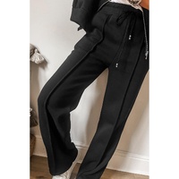 Black Solid Seamed Zipper Jacket and Drawstring Waist Pants Set - L thumbnail