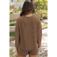 Chestnut Corded Knit Long Sleeve Top and High Waist Shorts Set - 2XL thumbnail