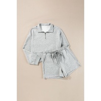 Light Grey Stand Neck Zipped Sweatshirt and Shorts Set - S thumbnail