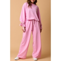 Bonbon Solid Color Drawstring Long Sleeve Top and Pants Set - L thumbnail