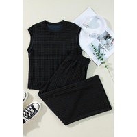 Color black Textured Knit Cap Sleeve T Shirt and Wide Leg Pants Set - S thumbnail