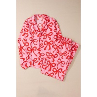 Pink 2pcs Bow Print Shirt Style Long Sleeve Pajama Set - XL thumbnail