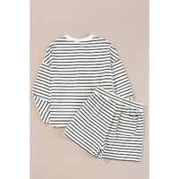 Black white Stripes Printed Half Button Long Sleeve Top and Shorts Set - M thumbnail