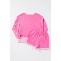 Sachet Pink High Low Patchwork Long Sleeve Top and Shorts Set - L thumbnail