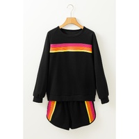Black Striped Accent Pullover and Shorts Two Piece Casual Set - M thumbnail