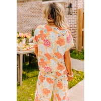 Orange Vibrant Floral Printed Short Sleeve Top 2 Piece Pants Set - XL thumbnail